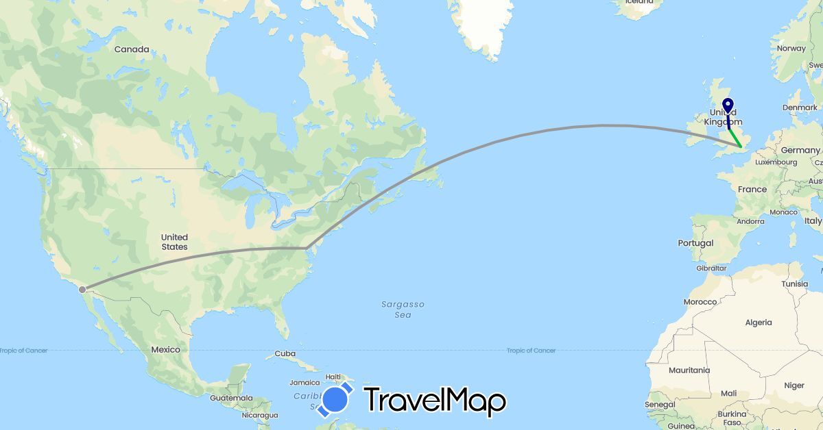 TravelMap itinerary: driving, bus, plane in United Kingdom, United States (Europe, North America)
